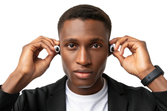 PNG Young african male adjusting wireless earbuds with focused expression