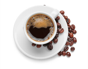 Cup of hot aromatic coffee on white background