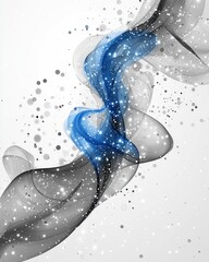 Abstract swirling design with shades of gray and blue, shimmering particles, and a light gray background