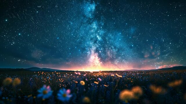 Night sky with stars and Milky Way over field of wildflowers  