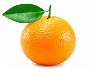 Ripe orange fruit showing green leaves on white background