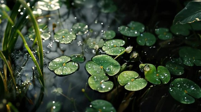 A bunch of water lilies floating in a pond