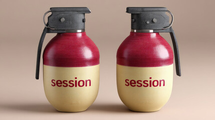 Creative Contrast: Red and Beige Grenades with 'Session' Text on Light Background