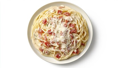 Top down view of plate of Spaghetti alla Carbonara featuring creamy sauce crispy pancetta freshly grated Pecorino Romano cheese set against plain white background Traditional Italian cuisine Rome