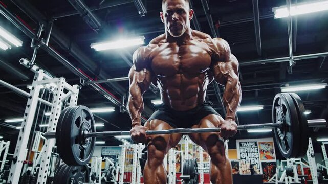 Low-angle shot of a muscular man lifting weights in a gym, showcasing strength and determination. Video captures intense workout atmosphere.