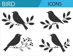 Black and White Nature Icons Featuring Birds on Branches with Leaves