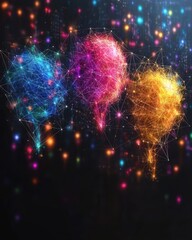 Obraz premium Three vibrant, interconnected orbs glow brightly against a dark, sparkling backdrop. Each orb displays a unique color and intricate network of lines