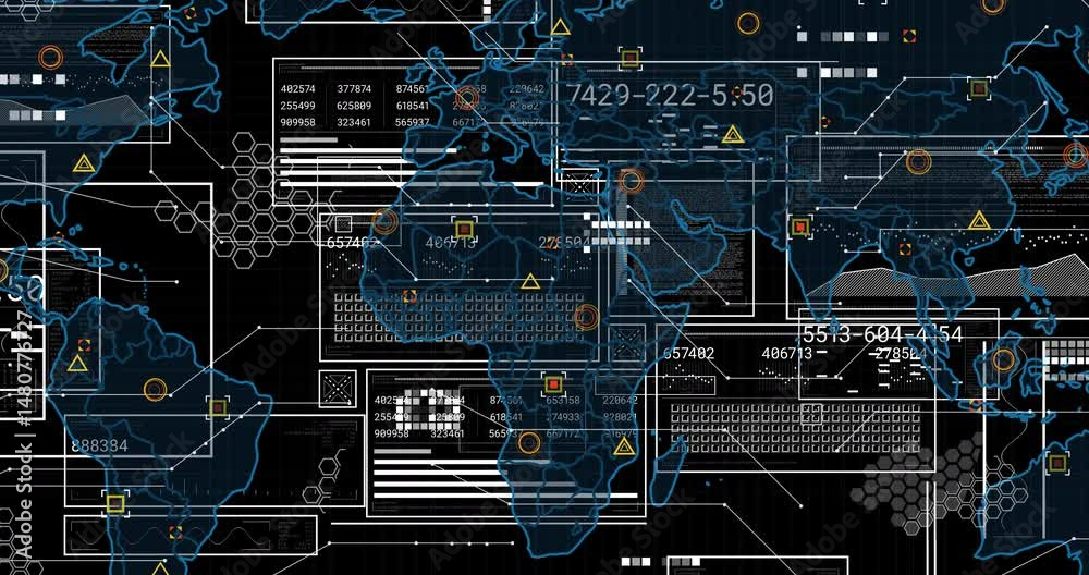Poster animating futuristic global map interface on grid, highlighting panels linking icons to coordinates