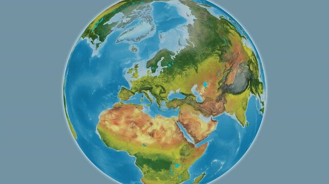 Romania on the globe. Outline. Topographic map. No labels