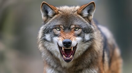Obraz premium Closeup of a wolf with open mouth showing sharp teeth