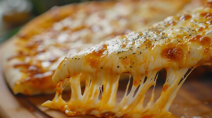 Close up of a cheese pizza slice on a wooden cutting board