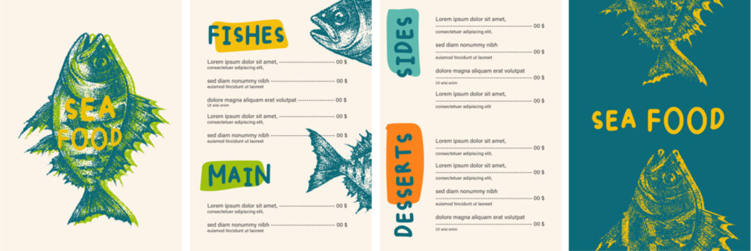 Vivid Seafood Menu Design - Fish, Main, Sides, and Desserts Template. Features a bold fish illustration with teal, yellow, and orange accents