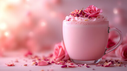 Pink Rose Latte with Whipped Cream and Petals