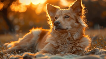 Fawn dog with whiskers laying in grass at sunset, a carnivore companion with fur