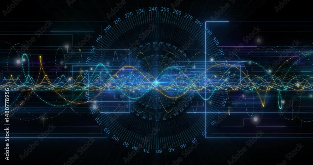 Poster Overlapping waveforms animating on flat HUD interface, showing concentric grid and glowing nodes