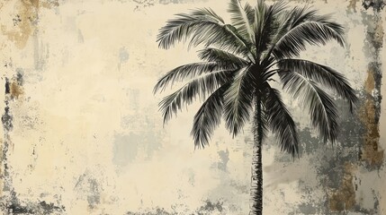 Vintage-style illustration of a single palm tree against a textured, aged background