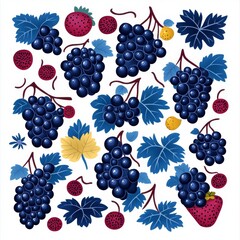 Grapes and Berries Delight Artistic Fruit Still Life with Blue Leaves and Vivid Colors, food , floral