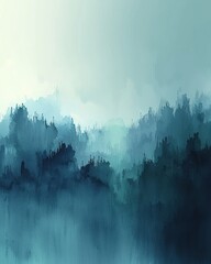 Obraz premium Misty mountain range, rendered in shades of teal and blue, evokes a sense of serene mystery