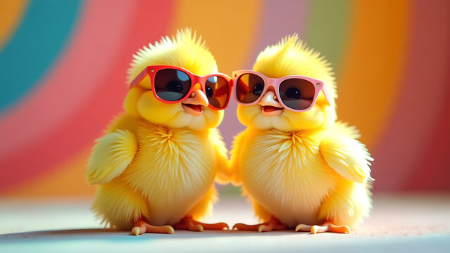 pair bright yellow chicks sit endearingly colorful swirly background wearing oversized sunglasses playful whimsical