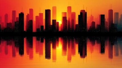 Obraz premium Vibrant Sunset Over Urban Skyline Reflecting in Calm Waters
