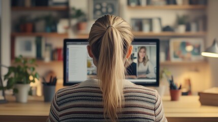 Freelancer focused on an online video call in a minimalist and sophisticated home office with modern technology setup