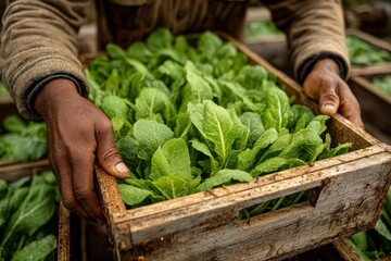 Black person carrying a wooden crate filled with fresh green leafy vegetables