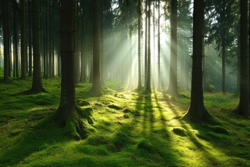 Obraz premium Sunlight streams through a dense forest (1)