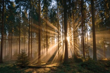 Obraz premium Golden sunlight streams through misty forest (2)