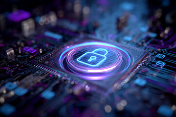 Cybersecurity concept image showcasing a glowing padlock icon on a circuit board, symbolizing digital protection and data security
