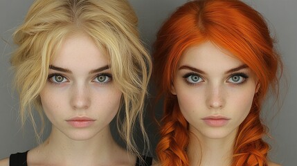 Obraz premium Close-up comparison of two women with contrasting hair colors.