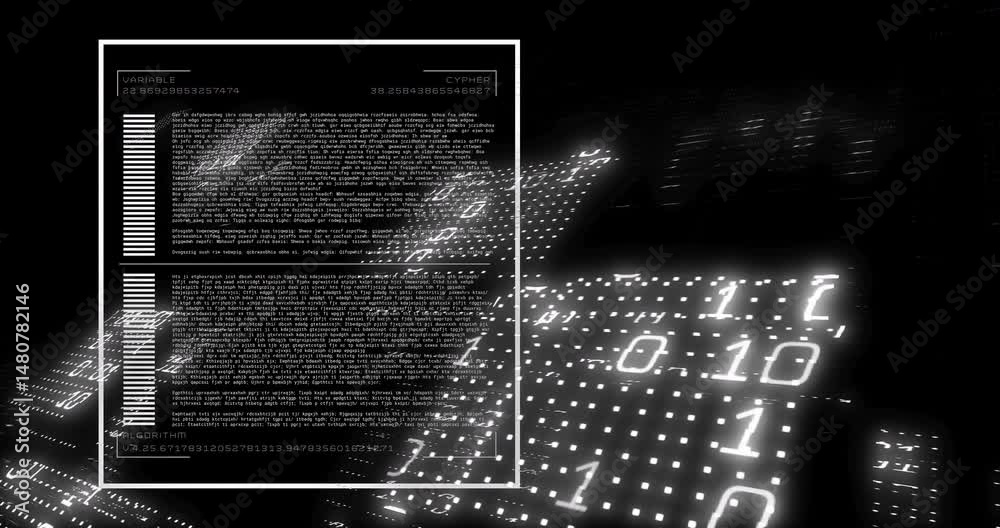 Poster Animating flat design code panel sliding over binary grid, showing variables cyphers algorithm bars