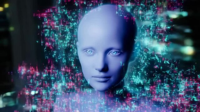 Digital face of a humanoid robot with colorful data patterns in background  