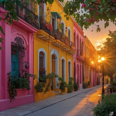 Obraz premium Colorful Street in the City with Sunset and Street Lamp at Twilight