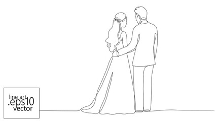 One line drawing bride and groom. Continuous line art wedding couple minimalist style. Celebration ceremony invitation love story design. Simple outline white background vector