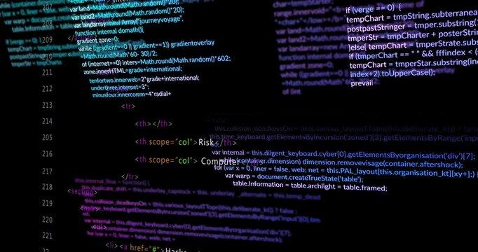 Flat design code editor displaying dark theme syntax highlighting, showing blurred code panels