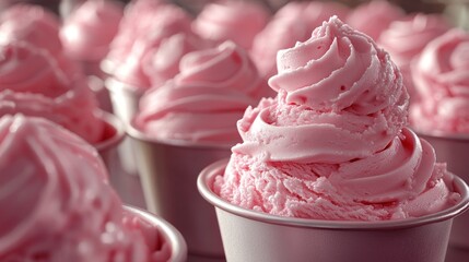 Close-up of multiple servings of swirled, pale pink frozen dessert in small, metallic cups