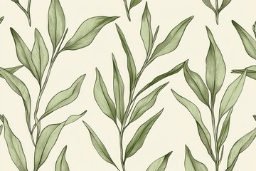 delicate eucalyptus and sage leaves pattern, hand-drawn in sage green, seamless, cream background