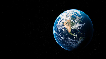 Naklejka premium Earth view from space showing North America with clouds, oceans, and stars in the background.