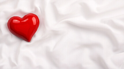 Fototapeta premium A bright red heart sits peacefully on soft white silky fabric creating a romantic backdrop.