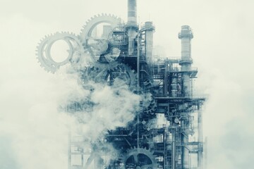 Fototapeta premium Double exposure of industry factory with gears and smoke