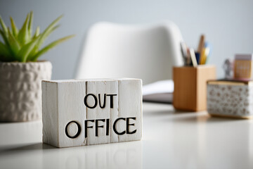 White wooden block on desk reads "Out Office"  Shows a workspace, signifying absence or break from work