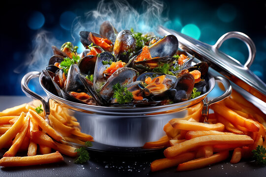 Steaming moules-frites pot lid lifted revealing fresh mussels. French fries in blur alongside vibrant seafood. Concept of seafood restaurants, culinary events, food photography
