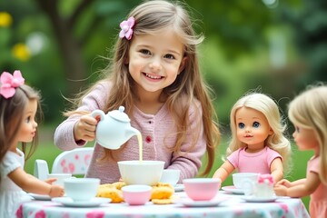 Young girl pouring tea for dolls at outdoor playdate table  