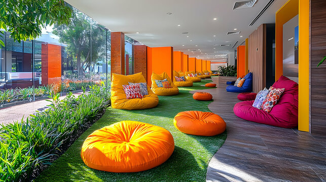 Vibrant Colorful Beanbag Chairs in Modern Outdoor Lounge Area