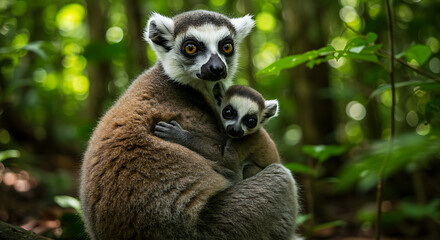 Obraz premium Ring Tailed Lemurs Mother and Baby Resting in Madagascar Wildlife Embracing Affection in Natural Habitat Beautiful Rainforest Scenery Wild Animals in Captivity