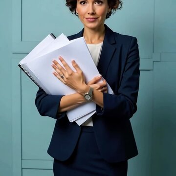 4K High Resolution Shocked Woman in Professional Suit Holding Stack of Documents or Folders