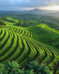 Lush green terraced rice paddies stretch across rolling hills, bathed in the warm glow of sunrise.  Mountains and palm trees in the background