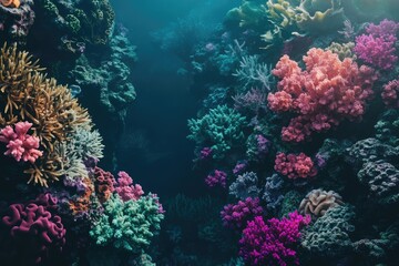 Fototapeta premium Vibrant coral reef teeming with life, showcasing diverse species and colors in an underwater paradise.