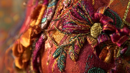 Macro image of embroidered fabric showing colored threads stitched patterns and raised texture