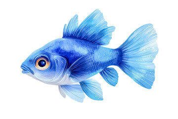Bright blue cartoon fish, transparent background.
